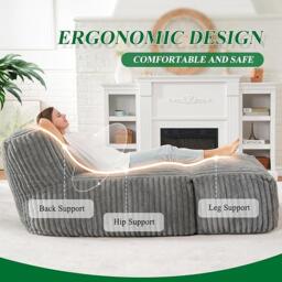 Modular Bean Bag Sofa with Ottoman and Removable Machine-Washable Cover, Couch with High-Density Foam, 160L x 80W x 66H cm, Light Gray - Aosom UK - thumbnail 5