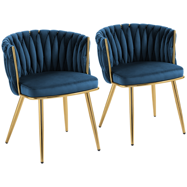 HOMCOM Velvet-Feel Dining Chairs Set of 2, Modern Upholstered Kitchen Chairs with Woven Backrest and Armrests, Metal Legs and Padded Seat for Dining Room, Bedroom, Living Room, Dark Blue - image 1