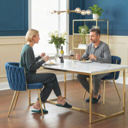 HOMCOM Velvet-Feel Dining Chairs Set of 2, Modern Upholstered Kitchen Chairs with Woven Backrest and Armrests, Metal Legs and Padded Seat for Dining Room, Bedroom, Living Room, Dark Blue - thumbnail 2