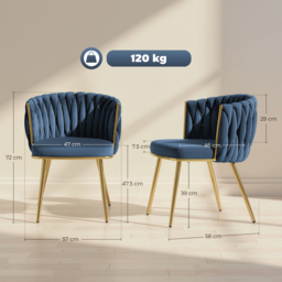 HOMCOM Velvet-Feel Dining Chairs Set of 2, Modern Upholstered Kitchen Chairs with Woven Backrest and Armrests, Metal Legs and Padded Seat for Dining Room, Bedroom, Living Room, Dark Blue - thumbnail 3