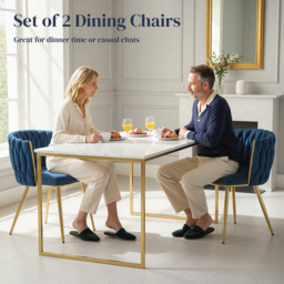 HOMCOM Velvet-Feel Dining Chairs Set of 2, Modern Upholstered Kitchen Chairs with Woven Backrest and Armrests, Metal Legs and Padded Seat for Dining Room, Bedroom, Living Room, Dark Blue - thumbnail 4