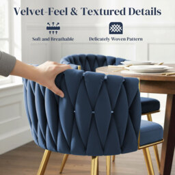 HOMCOM Velvet-Feel Dining Chairs Set of 2, Modern Upholstered Kitchen Chairs with Woven Backrest and Armrests, Metal Legs and Padded Seat for Dining Room, Bedroom, Living Room, Dark Blue - thumbnail 6