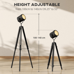 HOMCOM Industrial Tripod Floor Lamp, Nautical Searchlight with Adjustable Height, Wood Legs, E14 Lamp Base for Living Room, Bedroom, Black - thumbnail 4