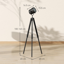 HOMCOM Industrial Tripod Floor Lamp, Nautical Searchlight with Adjustable Height, Wood Legs, E14 Lamp Base for Living Room, Bedroom, Black - thumbnail 3