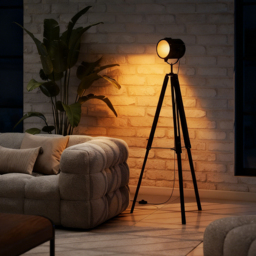 HOMCOM Industrial Tripod Floor Lamp, Nautical Searchlight with Adjustable Height, Wood Legs, E14 Lamp Base for Living Room, Bedroom, Black - thumbnail 9