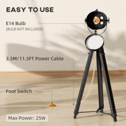 HOMCOM Industrial Tripod Floor Lamp, Nautical Searchlight with Adjustable Height, Wood Legs, E14 Lamp Base for Living Room, Bedroom, Black - thumbnail 7