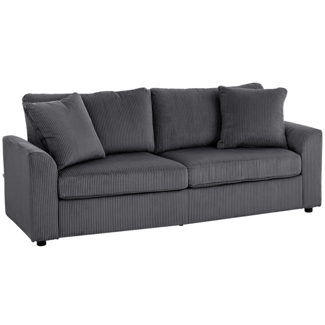 HOMCOM Modern 3 Seater Sofa with Spring Cushion, 212 cm Fabric Jumbo Cord Sofa Couch with 2 Scatter Cushions, Upholstered Corduroy Settee for Living Room, Bedroom, Home Office, Grey - image 1