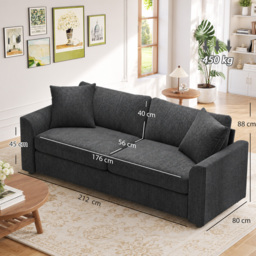 HOMCOM Modern 3 Seater Sofa with Spring Cushion, 212 cm Fabric Jumbo Cord Sofa Couch with 2 Scatter Cushions, Upholstered Corduroy Settee for Living Room, Bedroom, Home Office, Grey - thumbnail 4