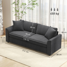 HOMCOM Modern 3 Seater Sofa with Spring Cushion, 212 cm Fabric Jumbo Cord Sofa Couch with 2 Scatter Cushions, Upholstered Corduroy Settee for Living Room, Bedroom, Home Office, Grey - thumbnail 4