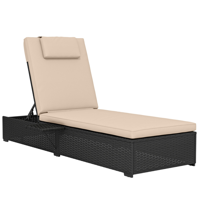Outsunny Rattan Sun Lounger with 5-Level Reclining Back Side Tray and Cushion, Black - image 1