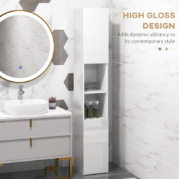 Kleankin Freestanding Bathroom Cabinet, High Gloss Storage Cabinet Floor Storage Cupboard with Mirror, 2 doors and Adjustable Shelves, White - thumbnail 4