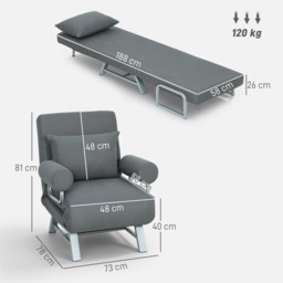 HOMCOM Single Sofa Bed, 3-in-1 Convertible Folding Chair Bed with Adjustable Backrest, Removable Armrests, Dark Grey - thumbnail 3