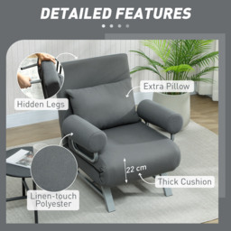 HOMCOM Single Sofa Bed, 3-in-1 Convertible Folding Chair Bed with Adjustable Backrest, Removable Armrests, Dark Grey - thumbnail 6