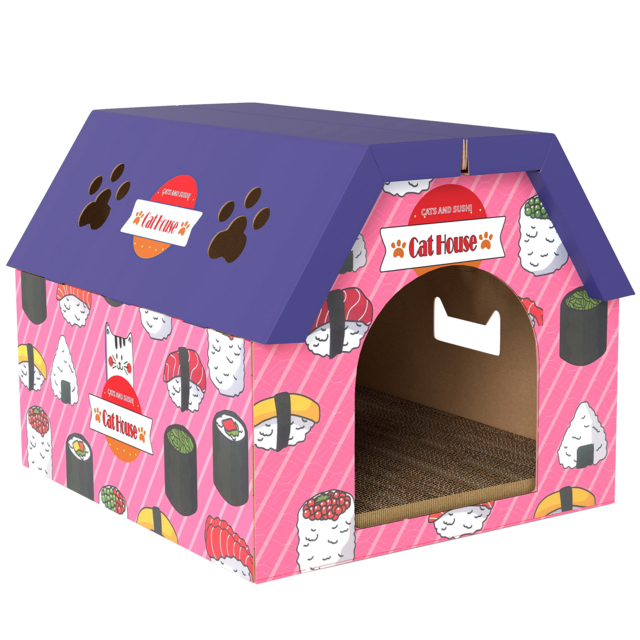 PawHut Cat Scratching Board, 2-in-1 Cardboard Cat House and Hideaway for Indoor Cats, Pink - image 1