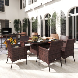 Outsunny 6-Seater Rattan Dining Set with Cube Chairs, Rectangular Table, Outdoor Patio Set with Cushions, Brown - Aosom UK - thumbnail 2