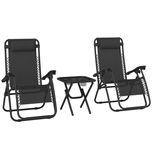 Outsunny 3-Piece Black Folding Table and Chairs Set with Cup Holders - Zero Gravity Reclining for Garden, Yard & Pool - Aosom UK - image 1