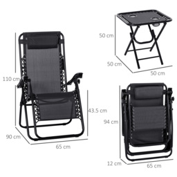 Outsunny 3-Piece Black Folding Table and Chairs Set with Cup Holders - Zero Gravity Reclining for Garden, Yard & Pool - Aosom UK - thumbnail 3
