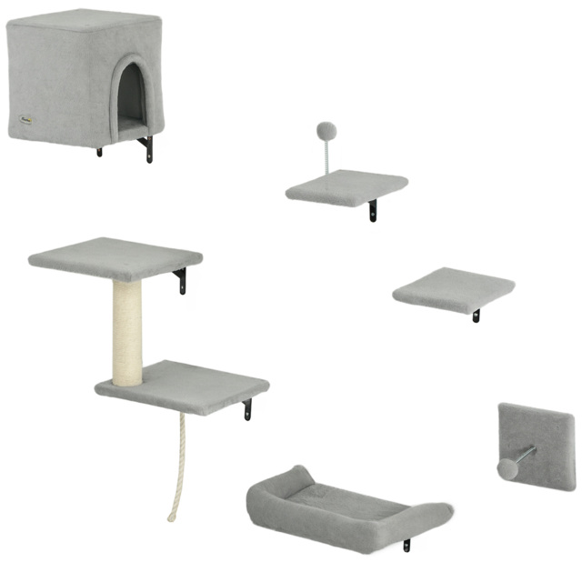 PawHut 6-Piece Cat Wall Shelves Set with Condo, Cat Wall Furniture with Platforms, Sisal Scratching Post, Bed, Toy Ball, Grey - image 1