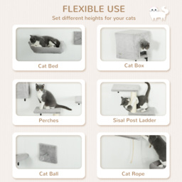 PawHut 6-Piece Cat Wall Shelves Set with Condo, Cat Wall Furniture with Platforms, Sisal Scratching Post, Bed, Toy Ball, Grey - thumbnail 4