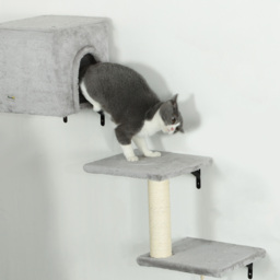 PawHut 6-Piece Cat Wall Shelves Set with Condo, Cat Wall Furniture with Platforms, Sisal Scratching Post, Bed, Toy Ball, Grey - thumbnail 9