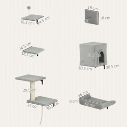 PawHut 6-Piece Cat Wall Shelves Set with Condo, Cat Wall Furniture with Platforms, Sisal Scratching Post, Bed, Toy Ball, Grey - thumbnail 3