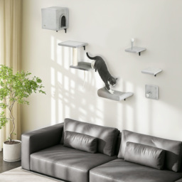 PawHut 6-Piece Cat Wall Shelves Set with Condo, Cat Wall Furniture with Platforms, Sisal Scratching Post, Bed, Toy Ball, Grey - thumbnail 2