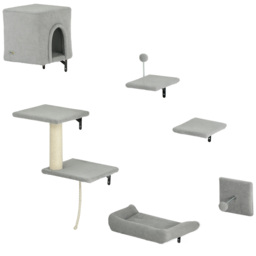 PawHut 6-Piece Cat Wall Shelves Set with Condo, Cat Wall Furniture with Platforms, Sisal Scratching Post, Bed, Toy Ball, Grey - thumbnail 1