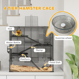 PawHut 4 Tiers Hamster Cage with Deep Tempered Glass Bottom, Hut, Running Wheel, Food Dish, Water Bottle, 78.5 x 48.5 x 80cm - thumbnail 5