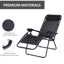 Outsunny Zero Gravity Chair, Metal Frame Outdoor Folding & Reclining Sun Lounger with Head Pillow for Patio, Decking, Gardens, Camping, Black - thumbnail 6