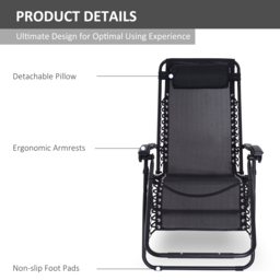 Outsunny Zero Gravity Chair, Metal Frame Outdoor Folding & Reclining Sun Lounger with Head Pillow for Patio, Decking, Gardens, Camping, Black - thumbnail 7