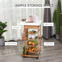 HOMCOM Rolling Kitchen Cart, Utility Storage Cart with 4 Basket Drawers & Side Racks, Wheels for Dining Room, Brown - Aosom UK - thumbnail 4
