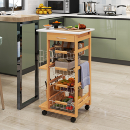 HOMCOM Rolling Kitchen Cart, Utility Storage Cart with 4 Basket Drawers & Side Racks, Wheels for Dining Room, Brown - Aosom UK - thumbnail 2
