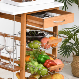 HOMCOM Rolling Kitchen Cart, Utility Storage Cart with 4 Basket Drawers & Side Racks, Wheels for Dining Room, Brown - Aosom UK - thumbnail 8