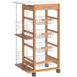 HOMCOM Rolling Kitchen Cart, Utility Storage Cart with 4 Basket Drawers & Side Racks, Wheels for Dining Room, Brown - Aosom UK - thumbnail 1