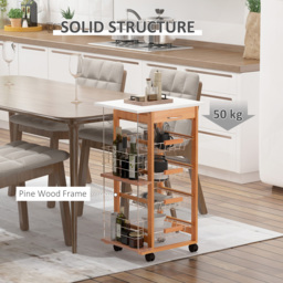 HOMCOM Rolling Kitchen Cart, Utility Storage Cart with 4 Basket Drawers & Side Racks, Wheels for Dining Room, Brown - Aosom UK - thumbnail 6