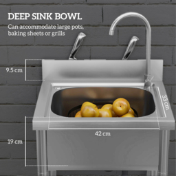 HOMCOM Outdoor Utility Sink, Free Standing Single Bowl Kitchen Sink with Cold and Hot Water Pipe and Storage Shelf for Laundry Garage, Silver Tone - thumbnail 4