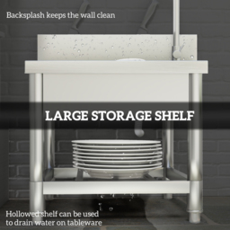 HOMCOM Outdoor Utility Sink, Free Standing Single Bowl Kitchen Sink with Cold and Hot Water Pipe and Storage Shelf for Laundry Garage, Silver Tone - thumbnail 5