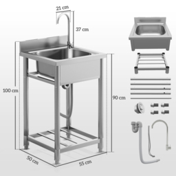 HOMCOM Outdoor Utility Sink, Free Standing Single Bowl Kitchen Sink with Cold and Hot Water Pipe and Storage Shelf for Laundry Garage, Silver Tone - thumbnail 3