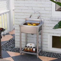 HOMCOM Outdoor Utility Sink, Free Standing Single Bowl Kitchen Sink with Cold and Hot Water Pipe and Storage Shelf for Laundry Garage, Silver Tone - thumbnail 2