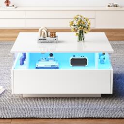 Modern LED Coffee Table with Storage and Bluetooth Control, Square Design Cocktail Table with 2 Sliding Drawers, 70L x 70W x 41H cm, White - Aosom.UK