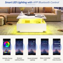 Modern LED Coffee Table with Storage and Bluetooth Control, Square Design Cocktail Table with 2 Sliding Drawers, 70L x 70W x 41H cm, White - Aosom.UK - thumbnail 5