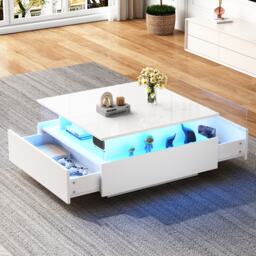 Modern LED Coffee Table with Storage and Bluetooth Control, Square Design Cocktail Table with 2 Sliding Drawers, 70L x 70W x 41H cm, White - Aosom.UK - thumbnail 9