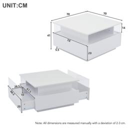 Modern LED Coffee Table with Storage and Bluetooth Control, Square Design Cocktail Table with 2 Sliding Drawers, 70L x 70W x 41H cm, White - Aosom.UK - thumbnail 3