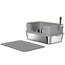 PawHut High Sided Stainless Steel Litter Box, Metal Cat Litter Tray with Scoop, Litter Mat, Never Absorbs Odors, Grey - thumbnail 1
