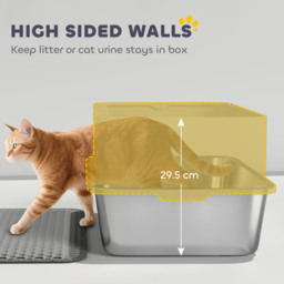 PawHut High Sided Stainless Steel Litter Box, Metal Cat Litter Tray with Scoop, Litter Mat, Never Absorbs Odors, Grey - thumbnail 5
