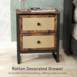 HOMCOM Bedside Table, Side Table with 2 Rattan Drawers, Bedside Cabinet with Storage and Steel Legs for Bedroom, Living Room, Rustic Brown - Aosom UK - thumbnail 4