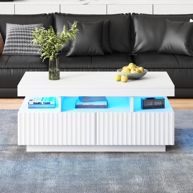 Modern Coffee Table with App-Controlled LED and Two Ribbed Drawers, Sleek Unit with Open Display Shelf, 100L x 50W x 45H cm, White - Aosom UK - image 1