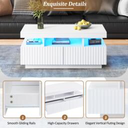 Modern Coffee Table with App-Controlled LED and Two Ribbed Drawers, Sleek Unit with Open Display Shelf, 100L x 50W x 45H cm, White - Aosom UK - thumbnail 4