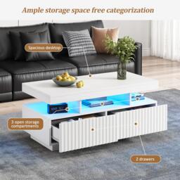 Modern Coffee Table with App-Controlled LED and Two Ribbed Drawers, Sleek Unit with Open Display Shelf, 100L x 50W x 45H cm, White - Aosom UK - thumbnail 5