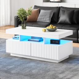 Modern Coffee Table with App-Controlled LED and Two Ribbed Drawers, Sleek Unit with Open Display Shelf, 100L x 50W x 45H cm, White - Aosom UK - thumbnail 9